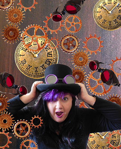 an image of Julia wearing a top hat and purple goggles with a shower of steampunk cogs coming down around her